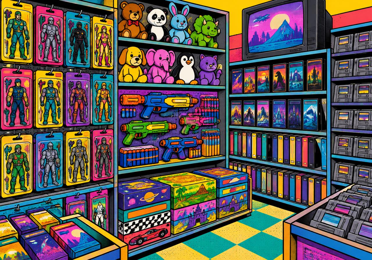 Illustrated toy aisle with action figures, plush, blasters and tapes